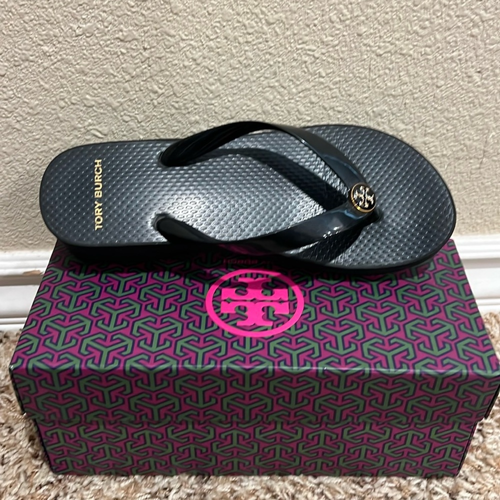 Tory Burch Wedge Thong Flip Flops Black Size 7